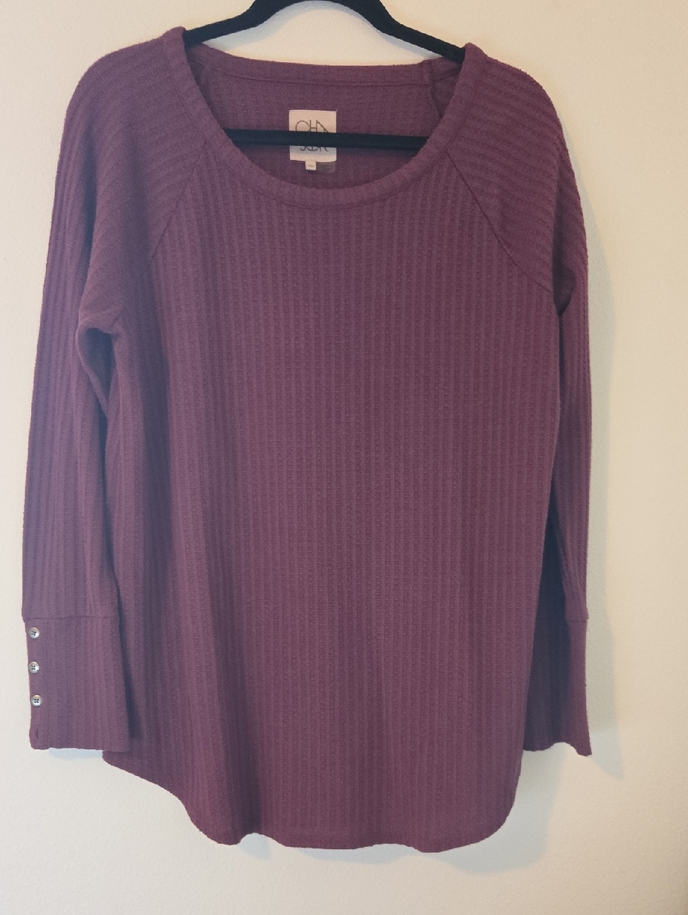 On Running Plum Waffle Scoop-Neck Long Sleeve Top with Button Cuffs